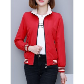 女性用レッドストライプボンバージャケット、ポリエステル素材、カジュアル