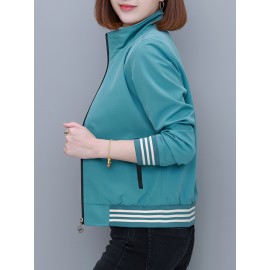 女性用レッドストライプボンバージャケット、ポリエステル素材、カジュアル