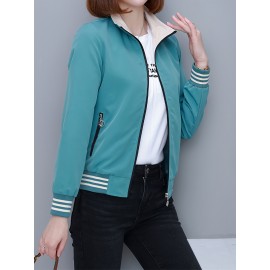 女性用レッドストライプボンバージャケット、ポリエステル素材、カジュアル