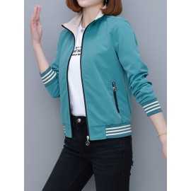 女性用レッドストライプボンバージャケット、ポリエステル素材、カジュアル