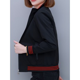 女性用レッドストライプボンバージャケット、ポリエステル素材、カジュアル
