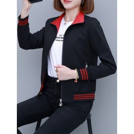 女性用レッドストライプボンバージャケット、ポリエステル素材、カジュアル