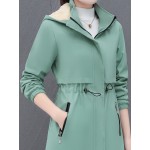 女性用ミッドレングスフリース裏地ウォームフード付きコート - カジュアルポリエステル、サイドポケット付きジップアップ、秋冬用長袖