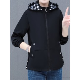 女性用カジュアル取り外し可能フード付きジャケット - 長袖、ミドル丈、無地ブラックにチェック柄の襟＆袖口、春/秋向けジップアップアウター、ポリエステル、手洗いのみ、多彩なレイヤリング | スタイリッシュなジップアップ | 滑らかな質感、ジップアップフーディー