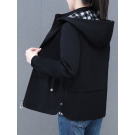 女性用カジュアル取り外し可能フード付きジャケット - 長袖、ミドル丈、無地ブラックにチェック柄の襟＆袖口、春/秋向けジップアップアウター、ポリエステル、手洗いのみ、多彩なレイヤリング | スタイリッシュなジップアップ | 滑らかな質感、ジップアップフーディー