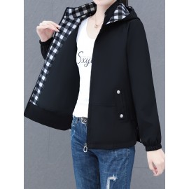 女性用カジュアル取り外し可能フード付きジャケット - 長袖、ミドル丈、無地ブラックにチェック柄の襟＆袖口、春/秋向けジップアップアウター、ポリエステル、手洗いのみ、多彩なレイヤリング | スタイリッシュなジップアップ | 滑らかな質感、ジップアップフーディー