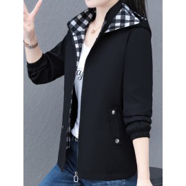 女性用カジュアル取り外し可能フード付きジャケット - 長袖、ミドル丈、無地ブラックにチェック柄の襟＆袖口、春/秋向けジップアップアウター、ポリエステル、手洗いのみ、多彩なレイヤリング | スタイリッシュなジップアップ | 滑らかな質感、ジップアップフーディー