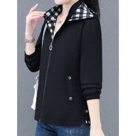 女性用カジュアル取り外し可能フード付きジャケット - 長袖、ミドル丈、無地ブラックにチェック柄の襟＆袖口、春/秋向けジップアップアウター、ポリエステル、手洗いのみ、多彩なレイヤリング | スタイリッシュなジップアップ | 滑らかな質感、ジップアップフーディー
