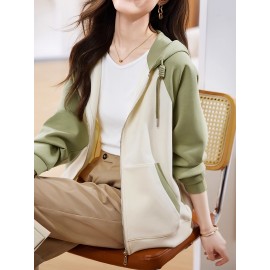 カラーブロックフードジャケット、ストレッチ素材、サイドポケット付き、春夏秋