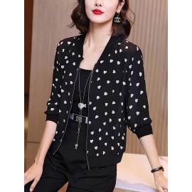 女性用のブラックな長袖日焼け止めジャケット、ホワイトハートパターン付き - カジュアルな夏の野球スタイルのウィンドブレーカー、軽量で通気性があり、屋外活動に最適、屋外カジュアルウェア | ハートパターンジャケット | ジップアップジャケット