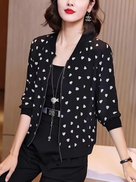 女性用のブラックな長袖日焼け止めジャケット、ホワイトハートパターン付き - カジュアルな夏の野球スタイルのウィンドブレーカー、軽量で通気性があり、屋外活動に最適、屋外カジュアルウェア | ハートパターンジャケット | ジップアップジャケット