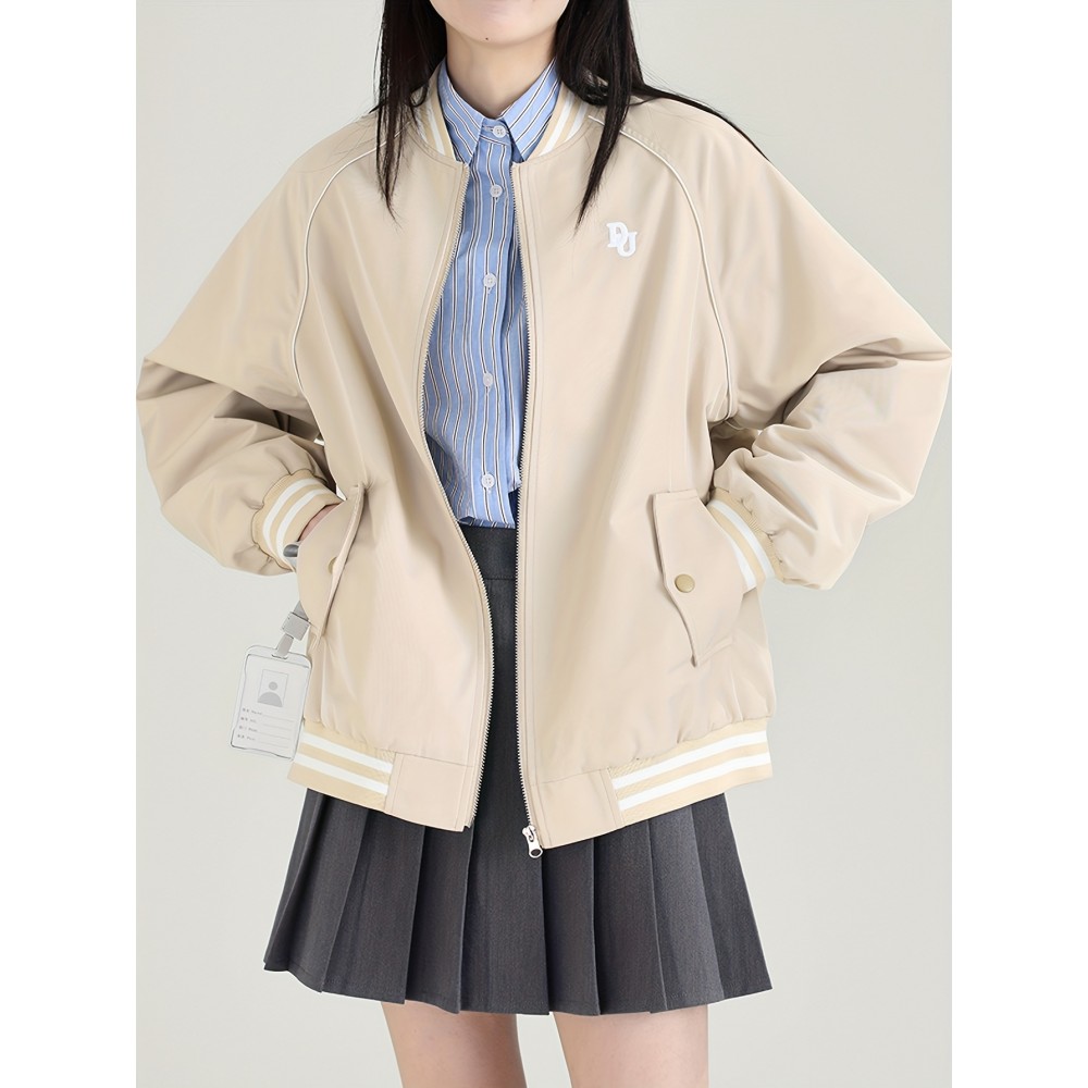 1枚【女性用】カジュアル　エレガント　レターベースボールカラージャケット　ポリエステル　ポータブル　秋用　外出用　日常着　レースアップ　エレガント　ファッション　秋用　外出用　日常着