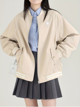 1枚【女性用】カジュアル　エレガント　レターベースボールカラージャケット　ポリエステル　ポータブル　秋用　外出用　日常着　レースアップ　エレガント　ファッション　秋用　外出用　日常着