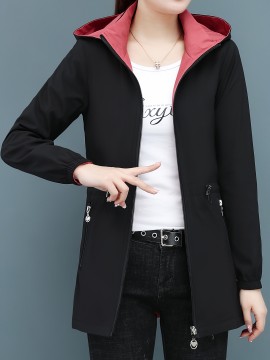 女性用ミドル丈トレンチコート、取り外し可能なフード付き、ジッパークロージャー、ドローストリングウエストとポケット付き - 春/秋用赤＆黒のポリエステルジャケット、カジュアルアウター