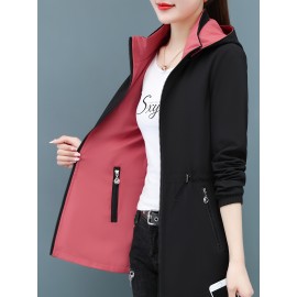 女性用ミドル丈トレンチコート、取り外し可能なフード付き、ジッパークロージャー、ドローストリングウエストとポケット付き - 春/秋用赤＆黒のポリエステルジャケット、カジュアルアウター