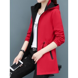 女性用ミドル丈トレンチコート、取り外し可能なフード付き、ジッパークロージャー、ドローストリングウエストとポケット付き - 春/秋用赤＆黒のポリエステルジャケット、カジュアルアウター