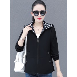 女性用エレガントカジュアルフード付きジャケット - 高品質ワークウェア風コート、ジッパーポケット付き、都市通勤＆カジュアル外出用ブラック春/秋のアウター