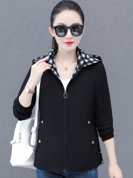 女性用エレガントカジュアルフード付きジャケット - 高品質ワークウェア風コート、ジッパーポケット付き、都市通勤＆カジュアル外出用ブラック春/秋のアウター
