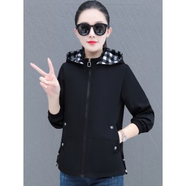 女性用エレガントカジュアルフード付きジャケット - 高品質ワークウェア風コート、ジッパーポケット付き、都市通勤＆カジュアル外出用ブラック春/秋のアウター