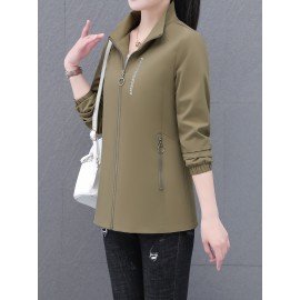 女性用軽量春ジャケット - スタンドカラー、ジッパーポケット、伸縮性カフス付きカジュアルオレンジ風切手、アウトドア活動、カジュアル外出用アパレル|スポーティ風切手|フルジップデザイン、風切手ジャケット
