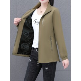女性用軽量春ジャケット - スタンドカラー、ジッパーポケット、伸縮性カフス付きカジュアルオレンジ風切手、アウトドア活動、カジュアル外出用アパレル|スポーティ風切手|フルジップデザイン、風切手ジャケット