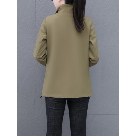女性用軽量春ジャケット - スタンドカラー、ジッパーポケット、伸縮性カフス付きカジュアルオレンジ風切手、アウトドア活動、カジュアル外出用アパレル|スポーティ風切手|フルジップデザイン、風切手ジャケット
