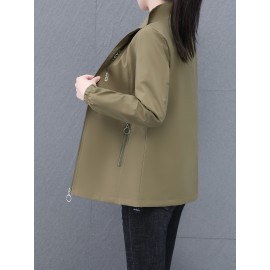 女性用軽量春ジャケット - スタンドカラー、ジッパーポケット、伸縮性カフス付きカジュアルオレンジ風切手、アウトドア活動、カジュアル外出用アパレル|スポーティ風切手|フルジップデザイン、風切手ジャケット