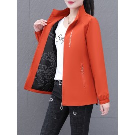 女性用軽量春ジャケット - スタンドカラー、ジッパーポケット、伸縮性カフス付きカジュアルオレンジ風切手、アウトドア活動、カジュアル外出用アパレル|スポーティ風切手|フルジップデザイン、風切手ジャケット