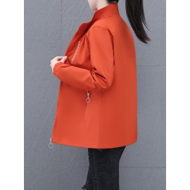 女性用軽量春ジャケット - スタンドカラー、ジッパーポケット、伸縮性カフス付きカジュアルオレンジ風切手、アウトドア活動、カジュアル外出用アパレル|スポーティ風切手|フルジップデザイン、風切手ジャケット