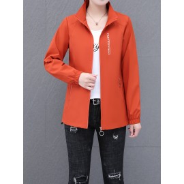 女性用軽量春ジャケット - スタンドカラー、ジッパーポケット、伸縮性カフス付きカジュアルオレンジ風切手、アウトドア活動、カジュアル外出用アパレル|スポーティ風切手|フルジップデザイン、風切手ジャケット