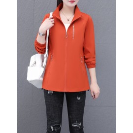 女性用軽量春ジャケット - スタンドカラー、ジッパーポケット、伸縮性カフス付きカジュアルオレンジ風切手、アウトドア活動、カジュアル外出用アパレル|スポーティ風切手|フルジップデザイン、風切手ジャケット
