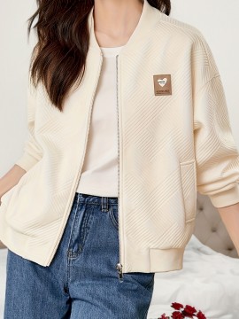 シックな秋/冬レディースカジュアルジャケット - 無地、メタルチェーンディテール付きジップアップ、洗濯機可