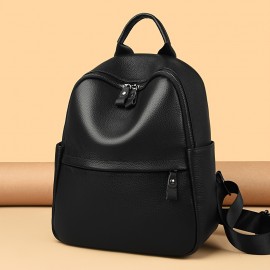 本物のレザーバックパック 女性用、調節可能なストラップ、複数のコンパートメント、カジュアルスタイル、ブラック、学校、仕事、旅行に最適、スクールショルダーバッグ | スリークな女性用バックパック | テクスチャード仕上げ、旅行用バックパック