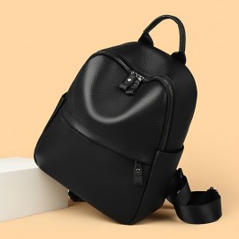 本物のレザーバックパック 女性用、調節可能なストラップ、複数のコンパートメント、カジュアルスタイル、ブラック、学校、仕事、旅行に最適、スクールショルダーバッグ | スリークな女性用バックパック | テクスチャード仕上げ、旅行用バックパック