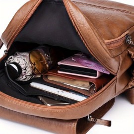 女性用韓国バージョン新しいファッションPUソフトトートバッグ、大容量、バックパック、ジッパークロージャー付き、ポリエステル裏地、手洗いのみ、ブラックとライトブラウンカラー