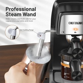 チーフトロニク 3.5 バー エスプレッソ & カプチーノ マシン ミルク フローター付き - 800 ワット、4 カップ ポータブル コーヒーメーカー ラテ & カプチーノ、ブラック ABS デザイン、米国プラグ、コーヒー愛好家に最適なギフト、コーヒーメーカー エスプレッソ メーカー