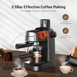 チーフトロニク 3.5 バー エスプレッソ & カプチーノ マシン ミルク フローター付き - 800 ワット、4 カップ ポータブル コーヒーメーカー ラテ & カプチーノ、ブラック ABS デザイン、米国プラグ、コーヒー愛好家に最適なギフト、コーヒーメーカー エスプレッソ メーカー