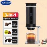 JustEvo スマート温度制御、高速抽出、大容量カプセル対応の3-in-1電動エスプレッソメーカー（カプセル、粉末コーヒー、ポッドに対応）– 車内、オフィス、キャンプ、ハイキングに最適