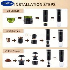 JustEvo スマート温度制御、高速抽出、大容量カプセル対応の3-in-1電動エスプレッソメーカー（カプセル、粉末コーヒー、ポッドに対応）– 車内、オフィス、キャンプ、ハイキングに最適