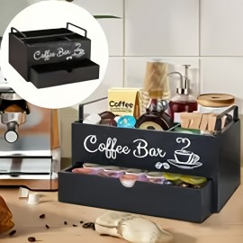 1pc 素朴な木製コーヒーバーオーガナイザー 引き出しとハンドル付き - コーヒーポッド、紅茶の調味料、アクセサリー用のカウンタートップ収納ボックス - 家庭とバーの装飾整理ソリューション
