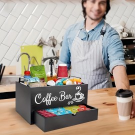 1pc 素朴な木製コーヒーバーオーガナイザー 引き出しとハンドル付き - コーヒーポッド、紅茶の調味料、アクセサリー用のカウンタートップ収納ボックス - 家庭とバーの装飾整理ソリューション