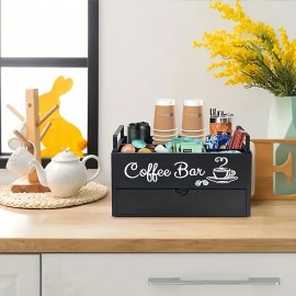 1pc 素朴な木製コーヒーバーオーガナイザー 引き出しとハンドル付き - コーヒーポッド、紅茶の調味料、アクセサリー用のカウンタートップ収納ボックス - 家庭とバーの装飾整理ソリューション