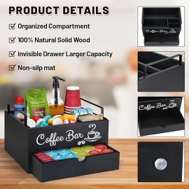 1pc 素朴な木製コーヒーバーオーガナイザー 引き出しとハンドル付き - コーヒーポッド、紅茶の調味料、アクセサリー用のカウンタートップ収納ボックス - 家庭とバーの装飾整理ソリューション