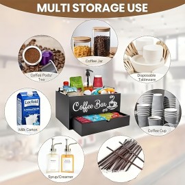 1pc 素朴な木製コーヒーバーオーガナイザー 引き出しとハンドル付き - コーヒーポッド、紅茶の調味料、アクセサリー用のカウンタートップ収納ボックス - 家庭とバーの装飾整理ソリューション