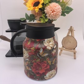 視覚的に魅力的な花柄デザインのステンレス製断熱ティーケトル - 大容量、黒外装、白内装、自宅でのルーズリーフ茶を淹れるのに最適
