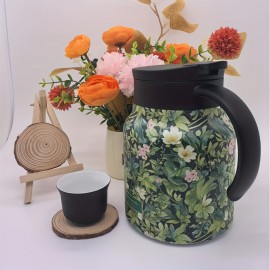 視覚的に魅力的な花柄デザインのステンレス製断熱ティーケトル - 大容量、黒外装、白内装、自宅でのルーズリーフ茶を淹れるのに最適