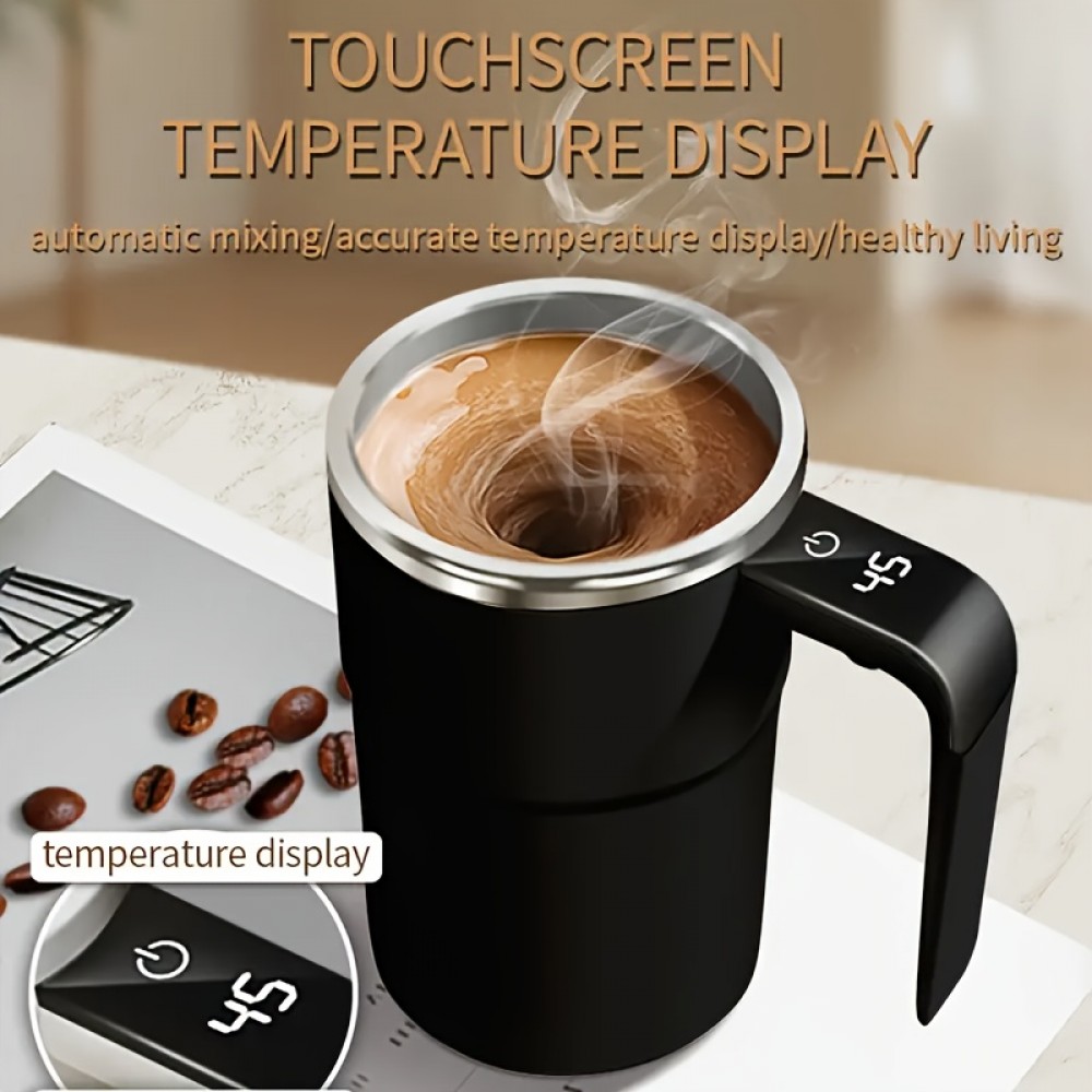USB充電式自己撹拌コーヒーマグ、温度表示付き - ステンレススチール、マット仕上げ、コーヒー＆プロテインドリンクに最適、理想的なギフト