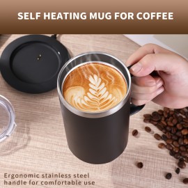大容量加熱コーヒーマグ - ステンレス製、USB電源、バッテリー不要、55°C/131°Fまでのホットドリンクに最適、コーヒー愛好家へのギフト|ステンレス製マグ|耐久性のあるハンドル