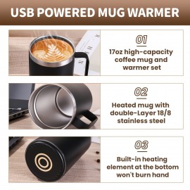 大容量加熱コーヒーマグ - ステンレス製、USB電源、バッテリー不要、55°C/131°Fまでのホットドリンクに最適、コーヒー愛好家へのギフト|ステンレス製マグ|耐久性のあるハンドル
