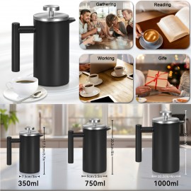 ブラックステンレス製フレンチプレスコーヒーマッカー、ダブルウォール断熱フレンチプレス、コーヒー＆ティー用、追加フィルター3枚付き